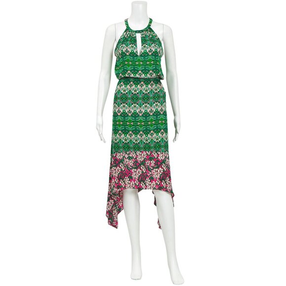 BCBGMAXAZRIA Keelie Asymmetrical Halter Dress - Kelly Green & Pink Floral Print - Picture 9 of 10